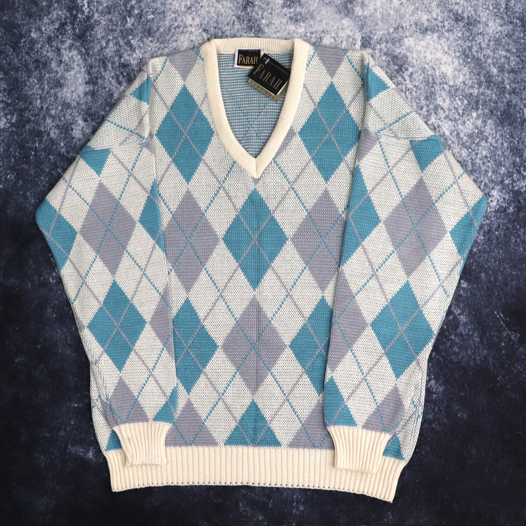 Vintage Beige, Blue & Grey Argyle V Neck Jumper | XL