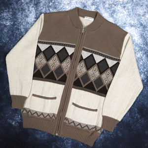 Vintage Beige & Brown Diamond Zip Up Jumper | Large