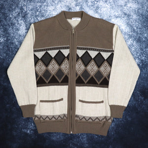 Vintage Beige & Brown Diamond Zip Up Jumper | Large