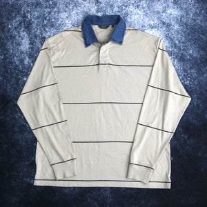 Vintage Beige & Brown Striped Collared Sweatshirt | Large