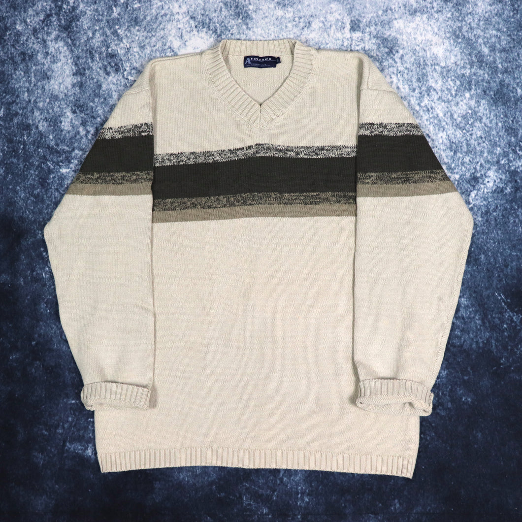 Vintage Beige & Khaki Striped V Neck Jumper | Small