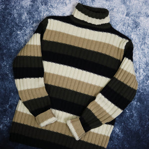 Vintage Beige, Khaki & Black Striped Turtle Neck Jumper