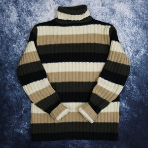 Vintage Beige, Khaki & Black Striped Turtle Neck Jumper