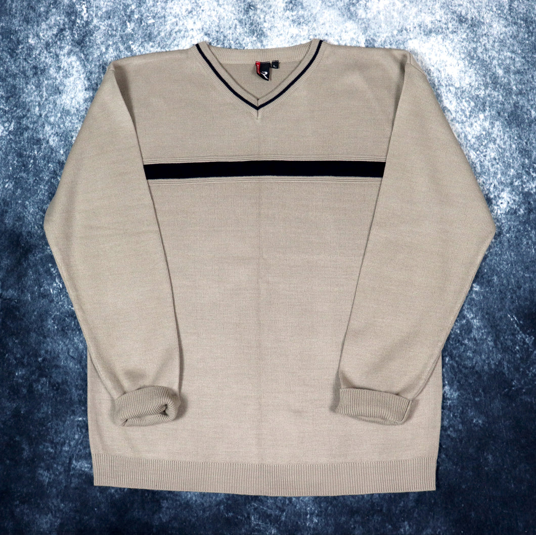 Vintage 90s Brown & Navy Striped V Neck Jumper | Large