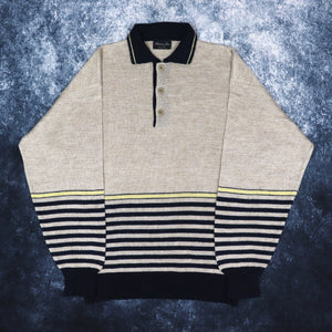 Vintage Beige, Navy & Yellow Striped Collared Jumper | Medium