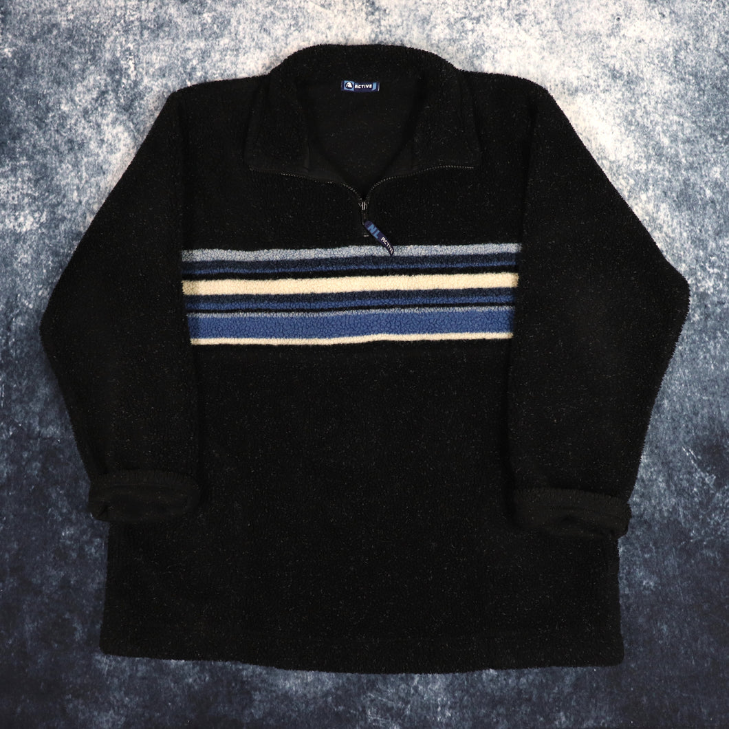 Vintage Black, Blue & Beige Striped 1/4 Zip Sherpa Fleece Sweatshirt | Large