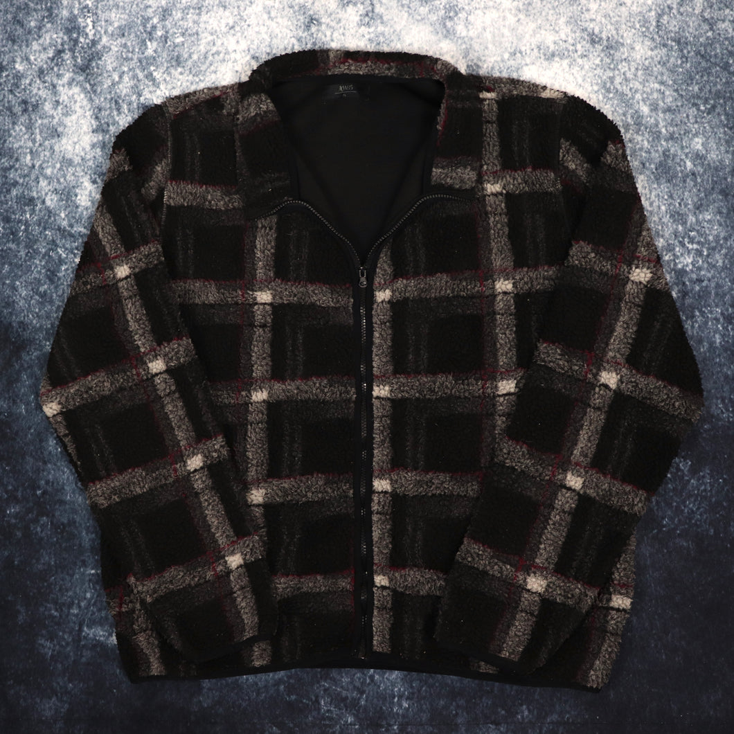 Vintage Black & Grey Checkered Fleece Jacket | XL