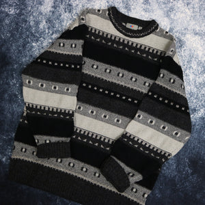 Vintage Black & Grey Striped Grandad Jumper | XL