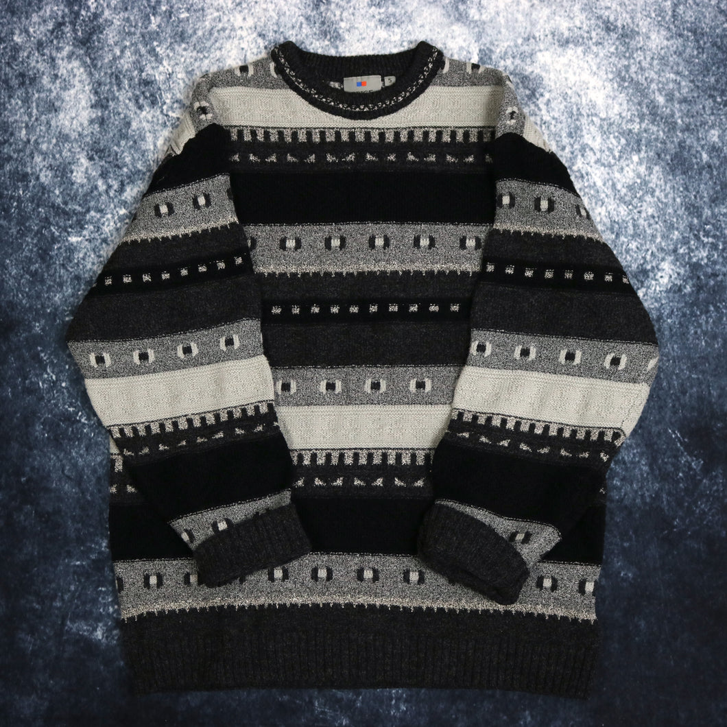Vintage Black & Grey Striped Grandad Jumper | XL