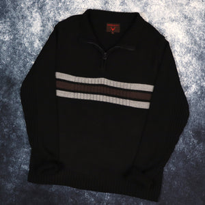 Vintage Black, Grey & Brown Striped 1/4 Zip Jumper | Large