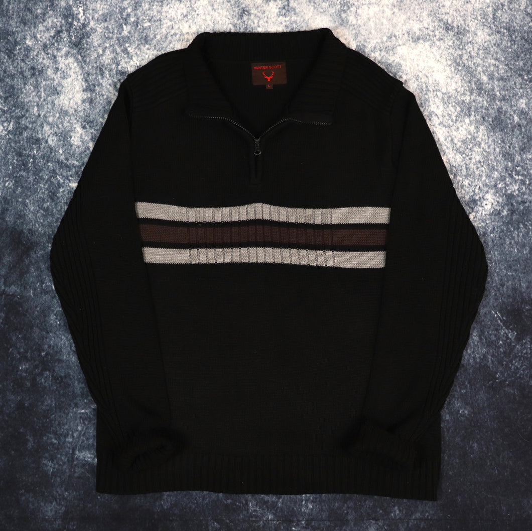 Vintage Black, Grey & Brown Striped 1/4 Zip Jumper | Large