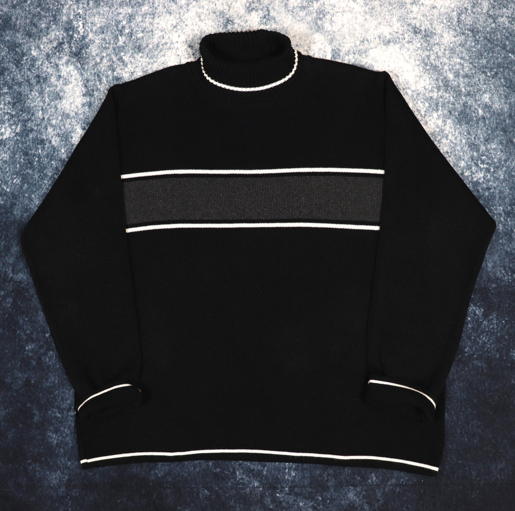 Vintage Black, Grey & White Striped Turtle Neck Jumper | XL