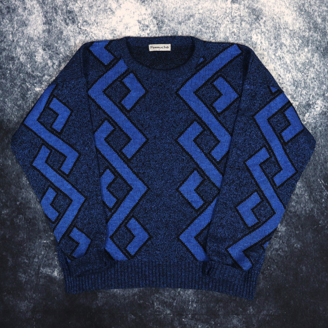 Vintage Blue & Black Ferruche Diamond Grandad Jumper | XS