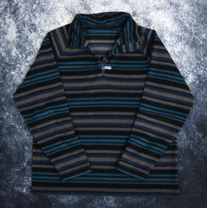Vintage Blue, Black & Grey Striped Cotton Traders 1/4 Zip Fleece Sweatshirt | Medium