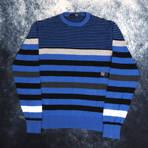 Vintage Blue, Black, Grey & White Striped Billabong Jumper | Small