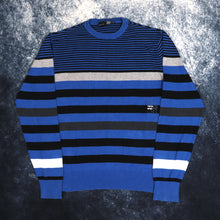 Load image into Gallery viewer, Vintage Blue, Black, Grey &amp; White Striped Billabong Jumper | Small
