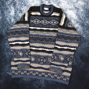 Vintage Blue, Brown & Beige Coogi Style High Neck Grandad Jumper | Large