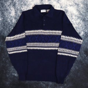 Vintage Blue & Cream Collared Grandad Jumper | Large