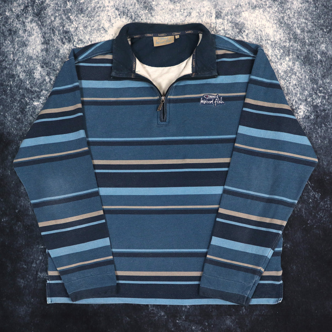 Vintage Blue & Grey Striped Weird Fish 1/4 Zip Sweatshirt | Large
