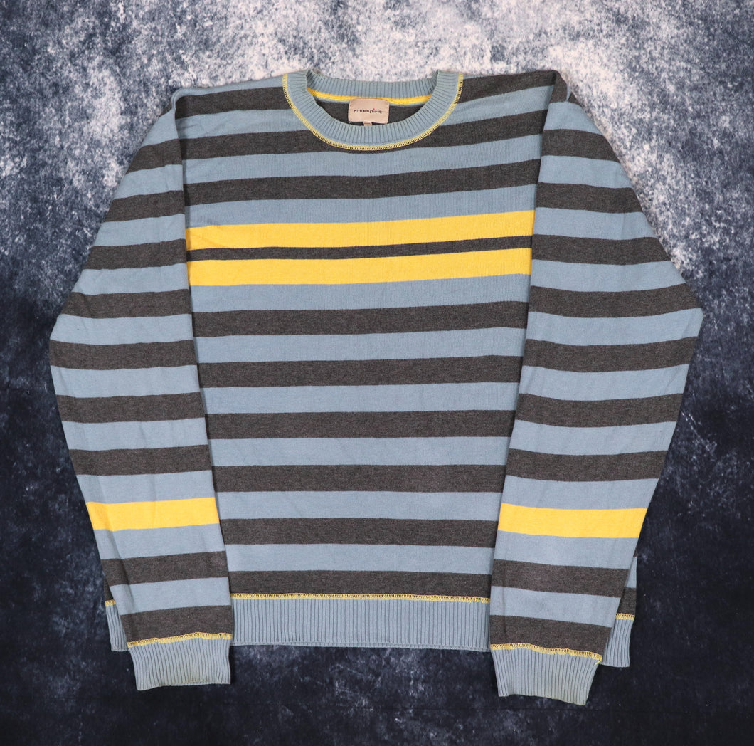 Vintage Blue, Grey & Yellow Stripy Free Spirit Jumper | XXL