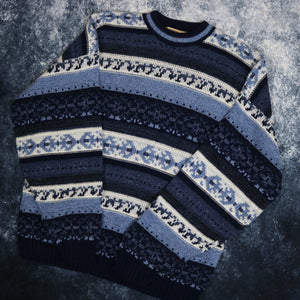 Vintage Blue, Navy & Cream Aztec Grandad Jumper | Large