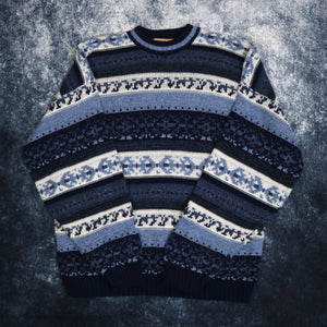 Vintage Blue, Navy & Cream Aztec Grandad Jumper | Large