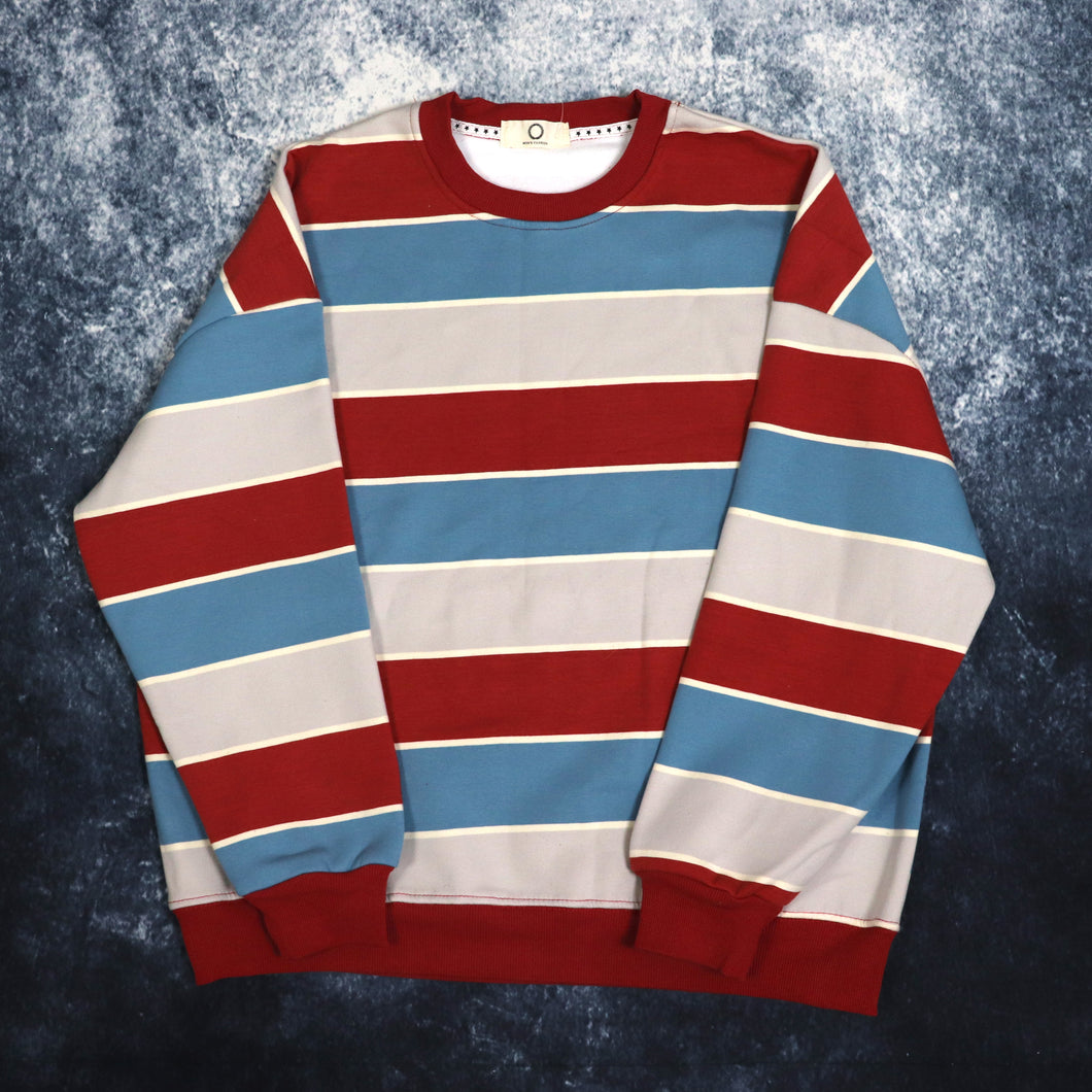 Vintage Blue, Red, Grey & Cream Striped Sweatshirt | Medium