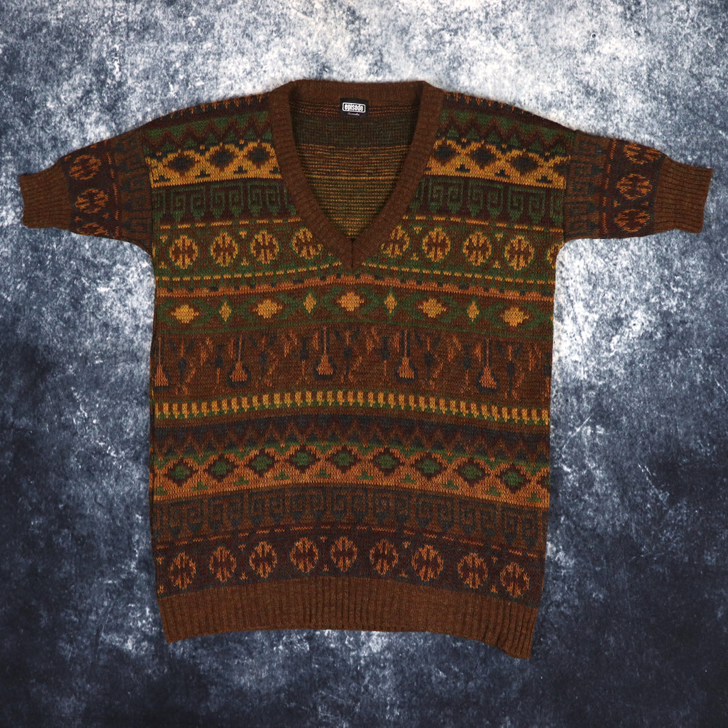 Vintage Brown Aztec V Neck Grandad Vest Jumper | Small