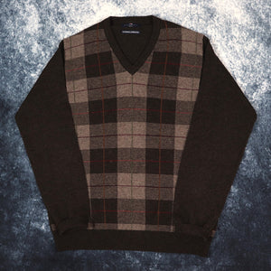 Vintage Brown Tartan V Neck Grandad Jumper | Small