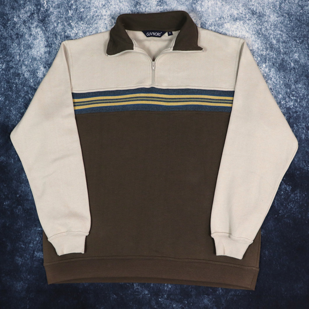 Vintage Brown & Beige Colour Block 1/4 Zip Sweatshirt | XL