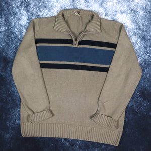 Vintage Brown, Navy & Blue Striped 1/4 Zip Jumper | XL