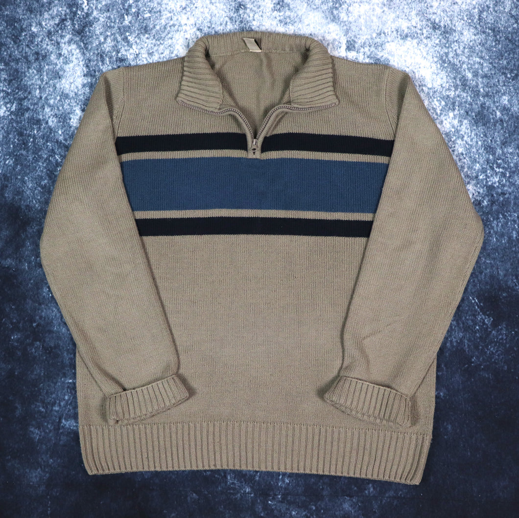 Vintage Brown, Navy & Blue Striped 1/4 Zip Jumper | XL