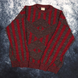 Vintage 90s Burgundy & Grey Diamond Pattern Grandad Jumper | Large