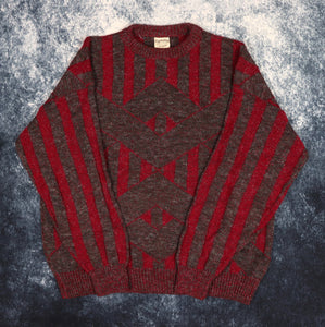 Vintage 90s Burgundy & Grey Diamond Pattern Grandad Jumper | Large