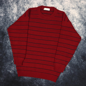 Vintage Burgundy & Navy Striped Grandad Jumper | Small