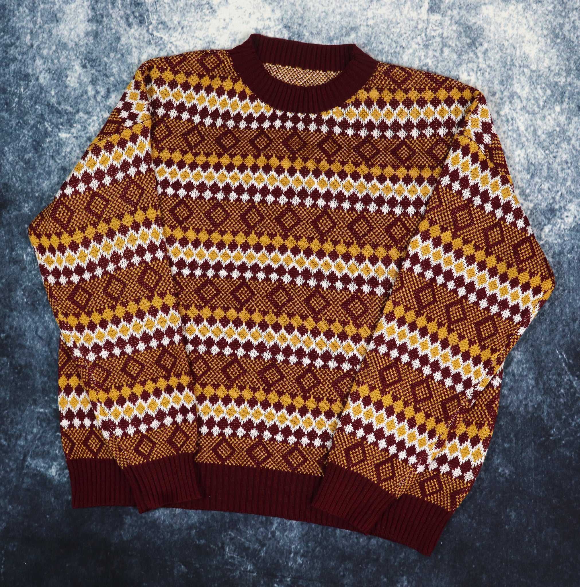 Vintage Burgundy White Yellow Diamond Grandad Jumper Small