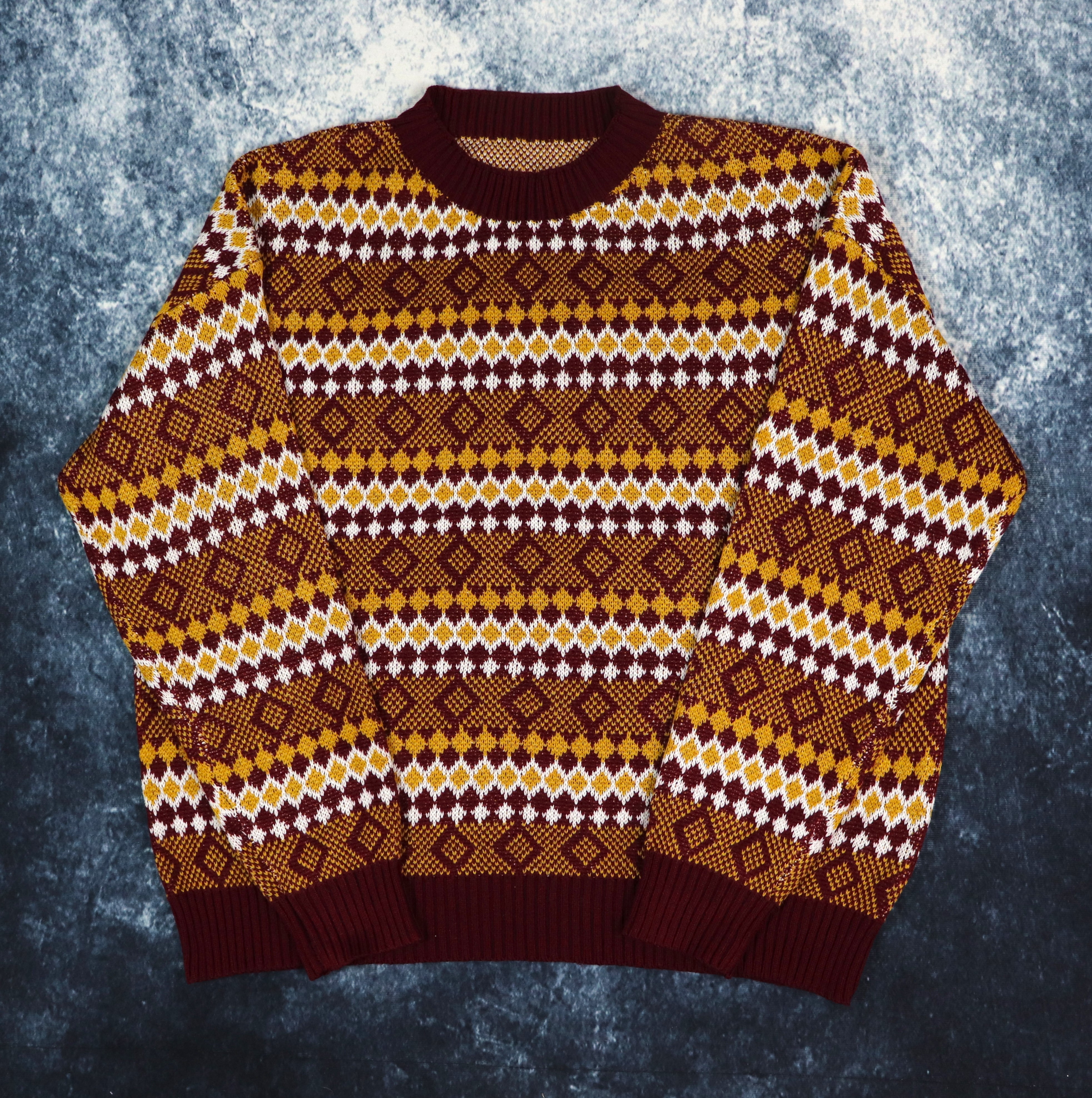 Vintage Burgundy White Yellow Diamond Grandad Jumper Small