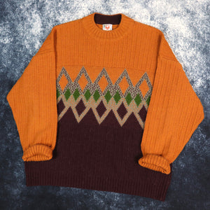 Vintage 90s Burnt Orange & Maroon Diamond Pattern Grandad Jumper | Large