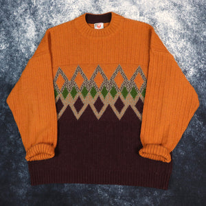 Vintage 90s Burnt Orange & Maroon Diamond Pattern Grandad Jumper | Large