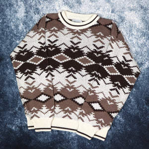 Vintage Cream & Brown Aztec Grandad Jumper | XS