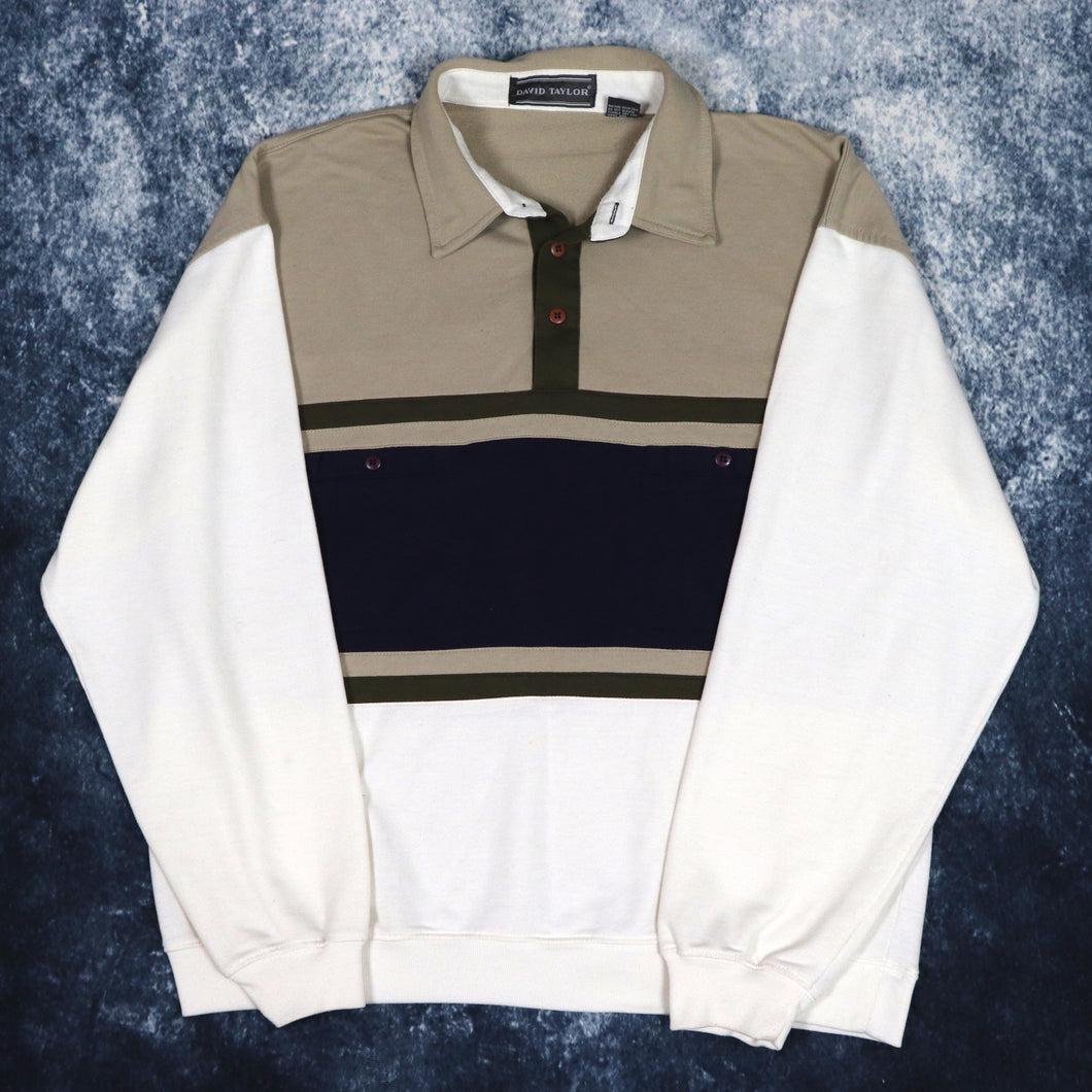 Vintage Cream, Khaki & Navy Colour Block Collared Sweatshirt | Large