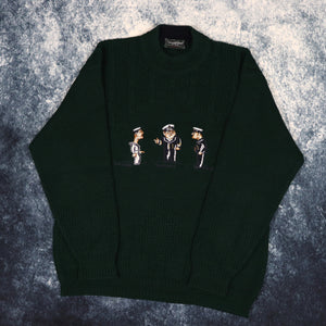 Vintage Dark Forest Green US Navy Embroidered Grandad Jumper | Small