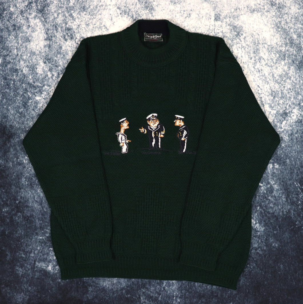 Vintage Dark Forest Green US Navy Embroidered Grandad Jumper | Small
