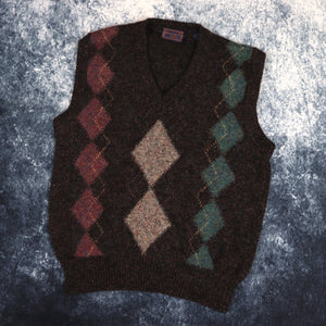 Vintage Dark Grey Argyle V Neck Grandad Vest Jumper | Medium