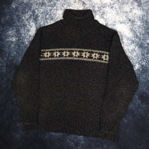 Vintage Dark Grey Snowflake Turtle Neck Jumper | XL