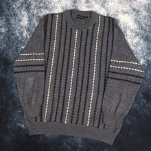 Load image into Gallery viewer, Vintage Dark Grey, Black &amp; White Striped Grandad Jumper | Large
