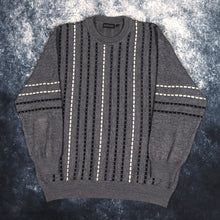 Load image into Gallery viewer, Vintage Dark Grey, Black &amp; White Striped Grandad Jumper | Large
