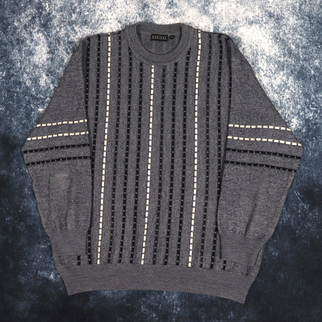 Vintage Dark Grey, Black & White Striped Grandad Jumper | Large