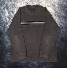 Load image into Gallery viewer, Vintage Dark Grey &amp; Navy Striped V Neck Sweatshirt | XL
