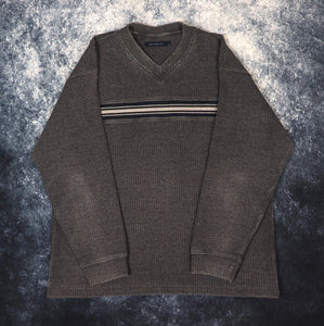 Vintage Dark Grey & Navy Striped V Neck Sweatshirt | XL